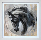 monochrome painting of side profile of dark horse framed in white