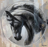 monochrome painting of side profile of dark horse 