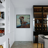 Modern interior with abstract painting on a white wall, bookshelf, and wine rack.