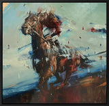 Painting of a horse and rider with abstract background