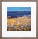 Framed artwork of a coastal scene with yellow flowers, blue sea, and distant islands.