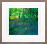 Framed artwork of a forest scene with blue flowers and green trees.