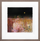 Abstract artwork with a dark sky, moon, and landscape.