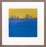Framed artwork of a landscape with a yellow sky, blue field, and trees.
