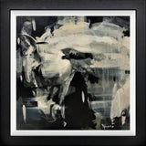 Abstract black and white painting with a signature in the corner