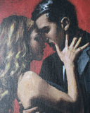 Artistic depiction of a couple embracing with a red background