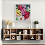 Wooden bookshelf with decorative items against a wall with a floral painting.