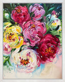 Colorful floral painting with vibrant pink, yellow, and green flowers.