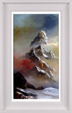 Framed painting of a mountain landscape with a grey frame