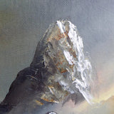  painting of a mountain landscape with a person on a mountain peak.