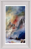 Framed painting of mountain landscape with colorful sky