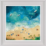 Framed artwork of a beach scene with boats and people.