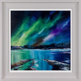 Framed artwork of a mountain landscape with green and purple Aurora Borealis.