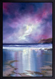 A framed landscape painting of a dramatic coastal scene with a purple and blue cloudy sky, waves, a rocky cliff, and reflections in shallow water.