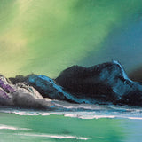 Artistic depiction of a mountain landscape with a vibrant green sky, possibly representing the Northern Lights.