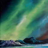 Aurora borealis painting over a landscape with mountains and water.