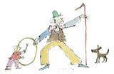 A man holding a tall staff in one hand and a hoop in the other, while a small child tempts a dog with a bone, encouraging it to jump through the ring.