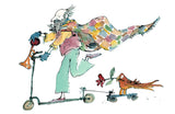 A man riding a scooter honking his horn with a small bird riding a skateboard with a flower next to him