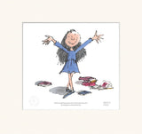 mounted illustrated character in a blue dress with arms outstretched, surrounded by books on a white background