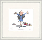 framed illustrated character in a blue dress with arms outstretched, surrounded by books on a white background