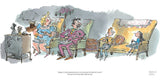 illustration of a family sat on sofas eating dinner