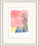 Framed artwork of a character with a pink background