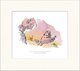Framed artwork of a stylized landscape with pink and yellow hues.