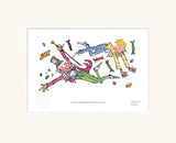 mounted illustration of two characters floating in the air surrounded by chocolate sweets.