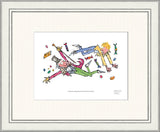 framed illustration of two characters floating in the air surrounded by chocolate sweets.
