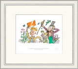 Framed cartoon illustration of a man and child with colourful hats and flowers.