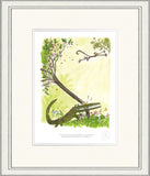 framed illustration of green crocodile biting a tree.