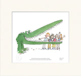 mounted illustrated crocodile with children on a white background, featuring text from Roald Dahl.