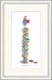 Illustration of a girl standing on a stack of books with a book in her hand, framed in white.