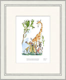 framed illustration of man surrounded by a giraffe, pelican, monkey and boy next to a tall tree.