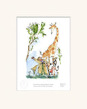 mounted illustration of man surrounded by a giraffe, pelican, monkey and boy next to a tall tree.