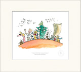 Illustration of various characters on a cloud with a white border