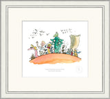 Framed illustration of characters on a hill with a white border