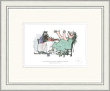 Framed cartoon print of two people at a table with one person asking about spaghetti