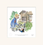 illustration of a woman and girl talking outside in front of a house and metal gate surrounded by shrubs.
