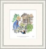 illustration of a woman and girl talking outside in front of a house and metal gate surrounded by shrubs.