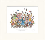 mounted illustration of a group of children throwing books in the air