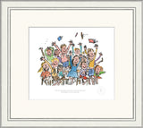 framed illustration of a group of children throwing books in the air