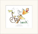 Illustration of a monkey, a bird, and a child with text on a white background