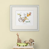 Framed illustration of animals on a beige wall with toy animals below