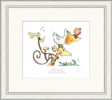Framed illustration of a cartoon character with a monkey and a bird on a white background