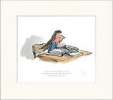 mounted illustration of girl in blue jumper sat at a wooden desk reading books