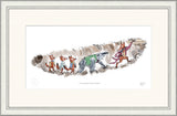 framed illustation of fox, badger and three foxes walking through an undeground tunnel