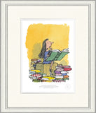 Framed illustration of a cartoon character reading a book surrounded by books.