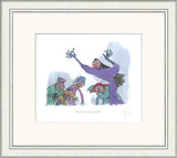 framed illustration of woman in purple surrounded by other characters.