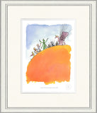 Framed artwork of a colorful illustration with characters on an orange hill.